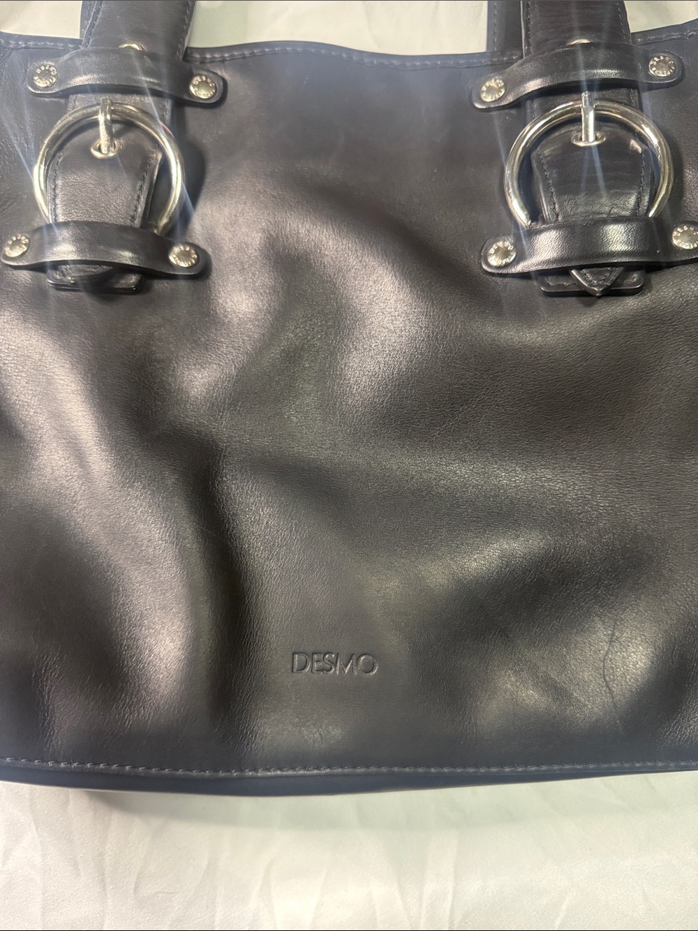 DESMO Black Leather Tote Bag with Silver Hardware